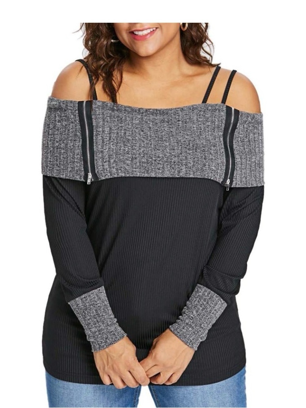 Belle Du Jour Two-Tone Off-Shoulder Black and Gray Sweater Date Night NWT